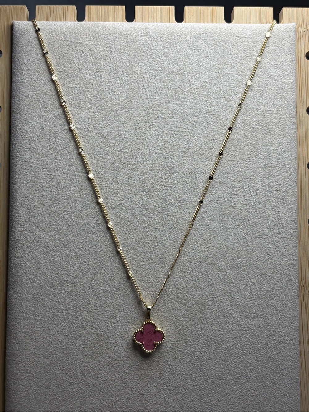 Gold Necklace with Pink Clover Pendant - Women Jewelry